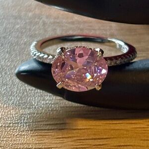 Pink East West Oval CZ Sterling Silver Ring Size 6